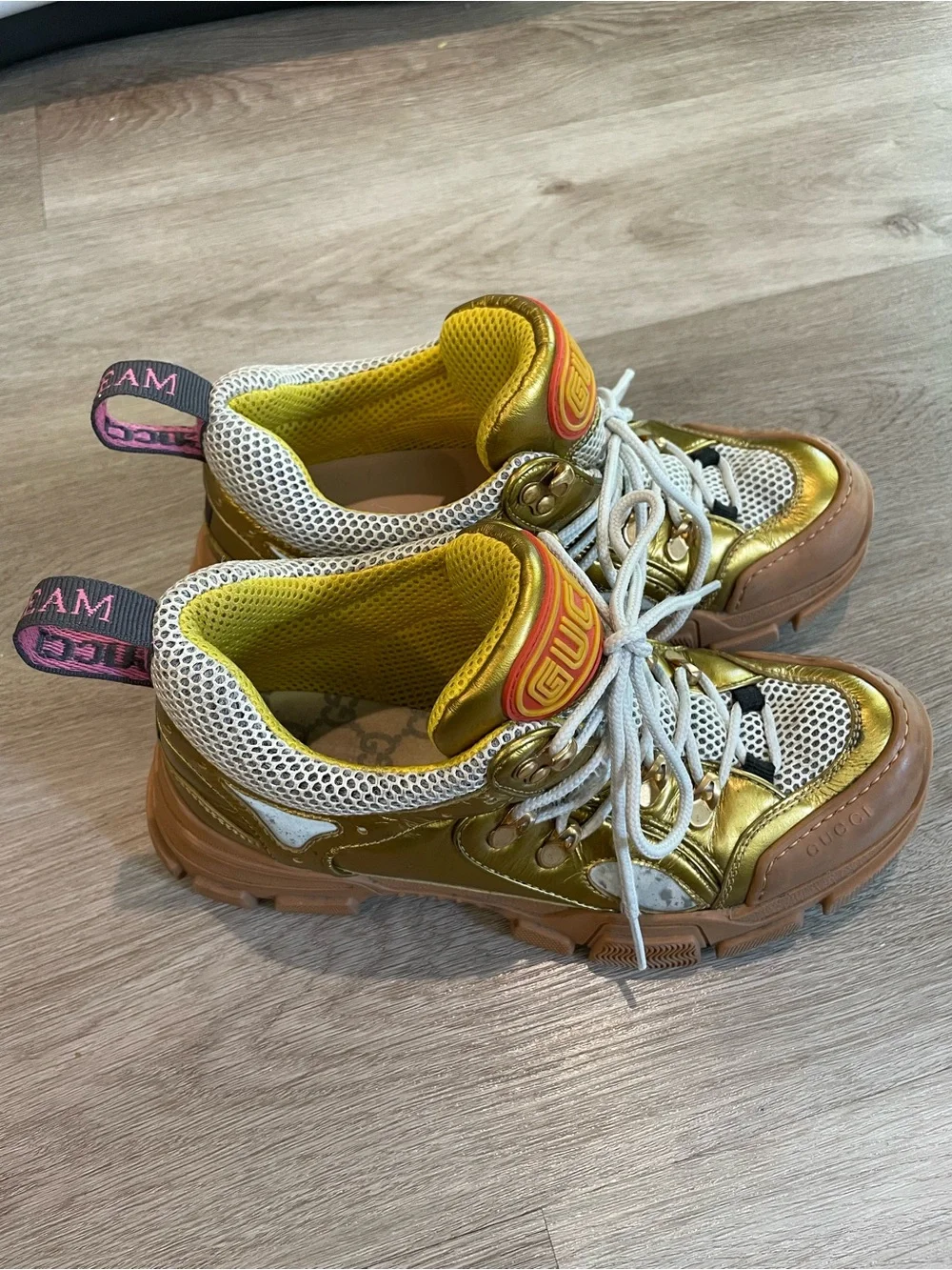 Gucci Metallic Gold, White & Tan Mesh Athletic Sneakers